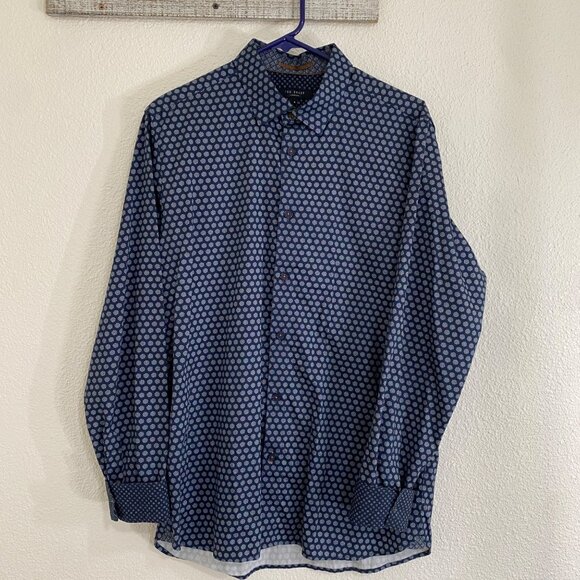 Ted Baker Mens Polka Dot Button-Up Shirt Size 4 Navy Blue Long Sleeve Cotton - Picture 10 of 15